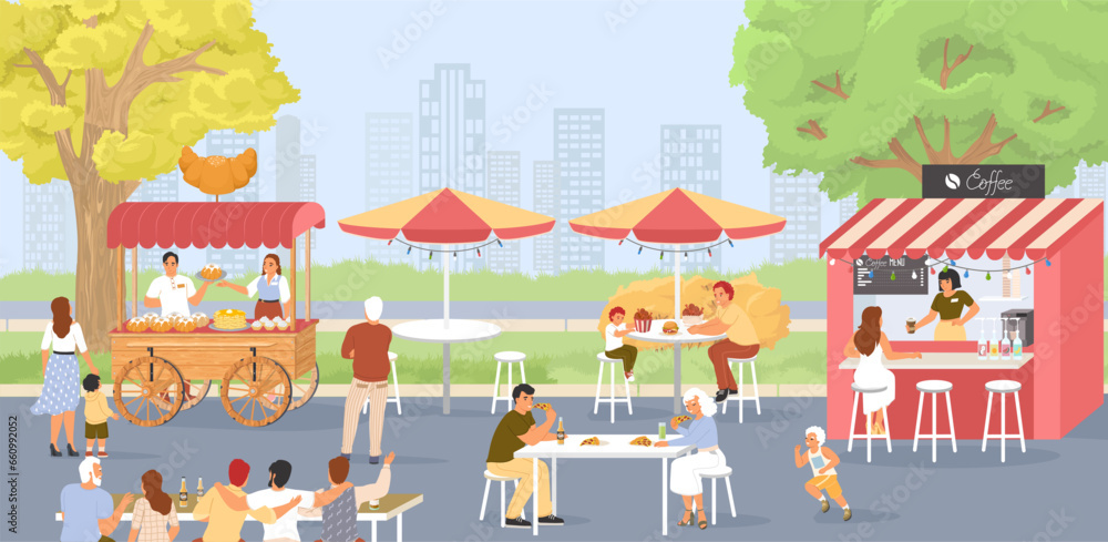 Street food festival vector scene with happy eating people Street food festival vector scene with happy eating people