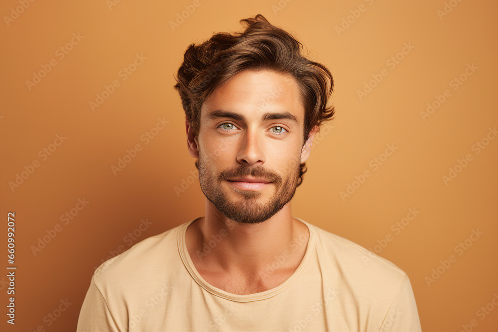 Generative AI portrait of a handsome man model pop star with perfect hairstyle beard isolated on beige background Generative AI portrait of a handsome man model pop star with perfect hairstyle beard isolated on beige background