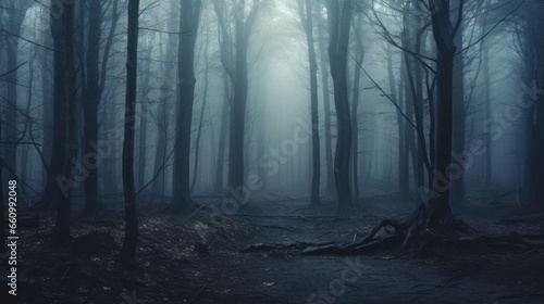 A panoramic view of a mist-shrouded forest  evoking the enchanting ambiance of a spooky  fairy tale-like woodland on a foggy day. This scene captures the chilling atmosphere of a foggy morning