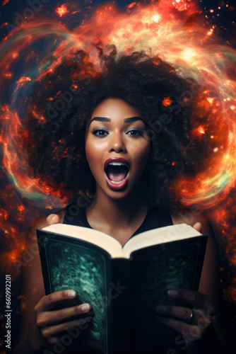 cheerful black girl reads literature. magic and imagination from learning. the woman is delighted with the training