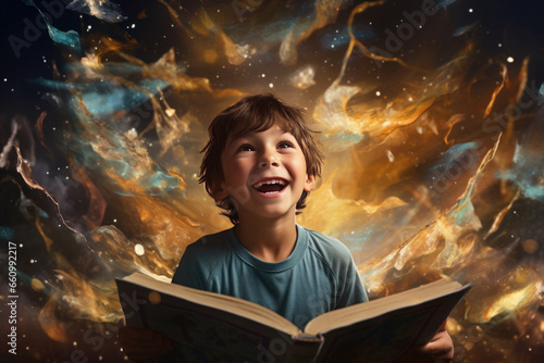 cheerful boy reads literature. magic and imagination from learning. is delighted with the training