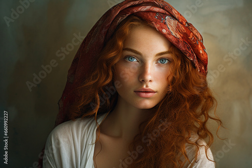 Portrait made with generative AI of gorgeous stunning beautiful redhead woman with vintage scarf on head photo