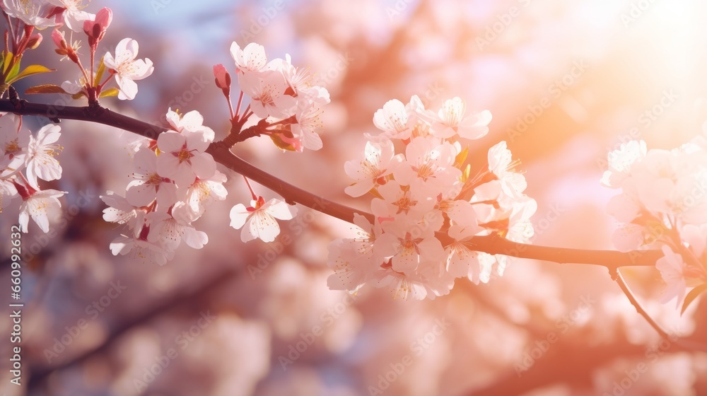 A backdrop of springtime blossoms, featuring a stunning natural landscape with a flowering tree and radiant sunlight. A bright and sunny day showcases the beauty of spring flowers in a delightful