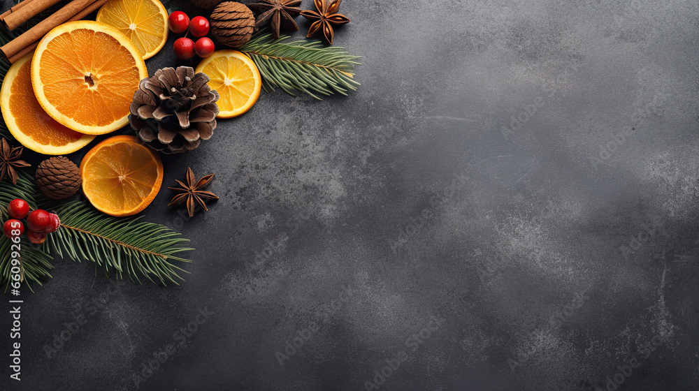 Christmas holidays background festive decoration cinnamon, pinecones, and oranges on a grey concrete background. Christmas banner. 