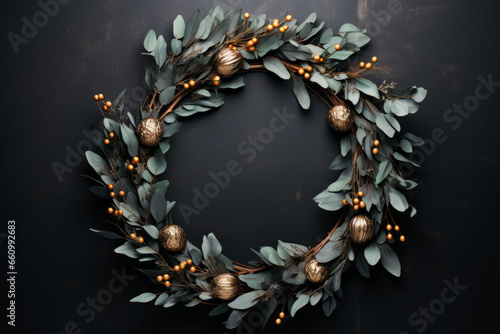 Holiday wreath composed of eucalyptus leaves golden baubles and orange berries on dark textured background. Christmas decoration concept