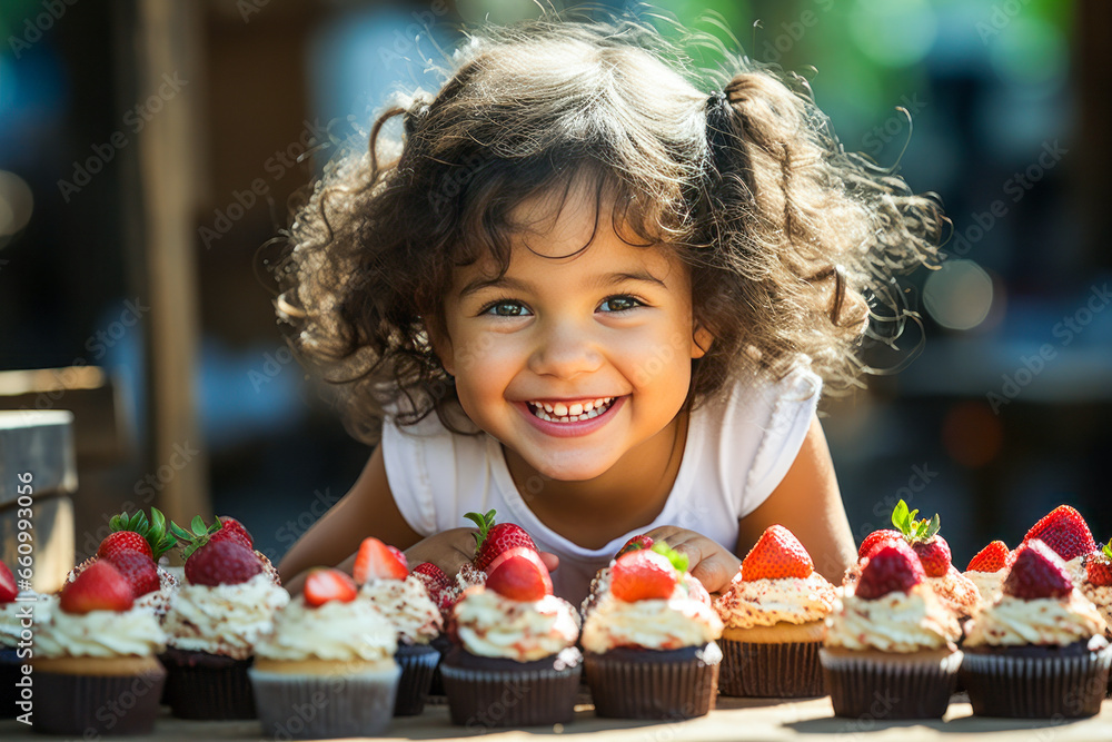 Delightful scene of an excited child reaching for a vegan cupcake with berries in a sunny park. Delightful scene of an excited child reaching for a vegan cupcake with berries in a sunny park.