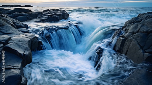 Gentle transitions between the river and sea waves as they intermingle during high and low tides. Natural wonders of the Saltstraumen maelstrom in Nordland, Norway, characterized by mesmerizing