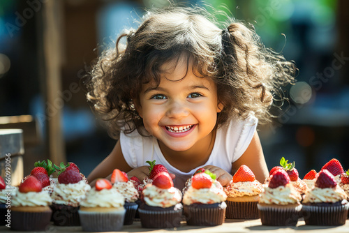 Delightful scene of an excited child reaching for a vegan cupcake with berries in a sunny park.