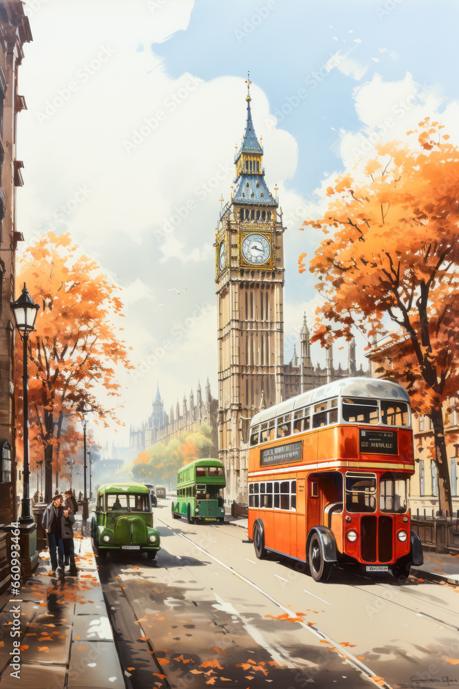 Nostalgic London scene with iconic red bus and Big Ben.