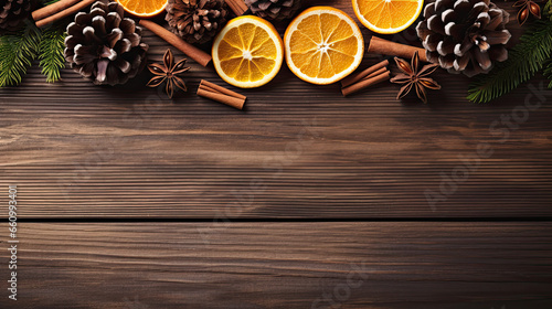 Christmas holidays background festive decoration cinnamon, pinecones, and oranges on a brown wooden background. Christmas banner. 