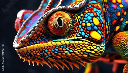 Closeup of Colorful Chameleon Lizard. Deep Focus. Generative AI