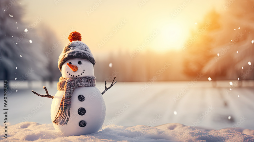 Obraz premium close up of a snowman on the snow, winter scene, copy space 