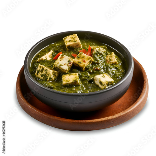 Green curry with tofu in bowl isolated on white background with clipping path