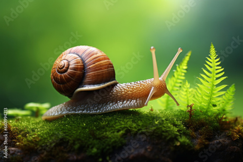 A detailed closeup of a snail navigating through vibrant green moss and ferns bathed in soft sunlight. Macro shot concept