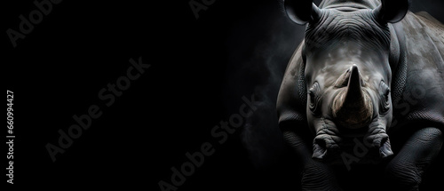 Front view of Rhinoceros on black background. Wild animals banner with copy space