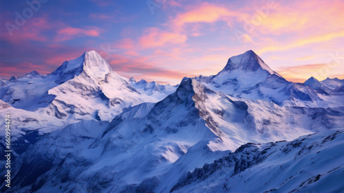 Mountain landscape with snow and blue sky at sunset. Panorama