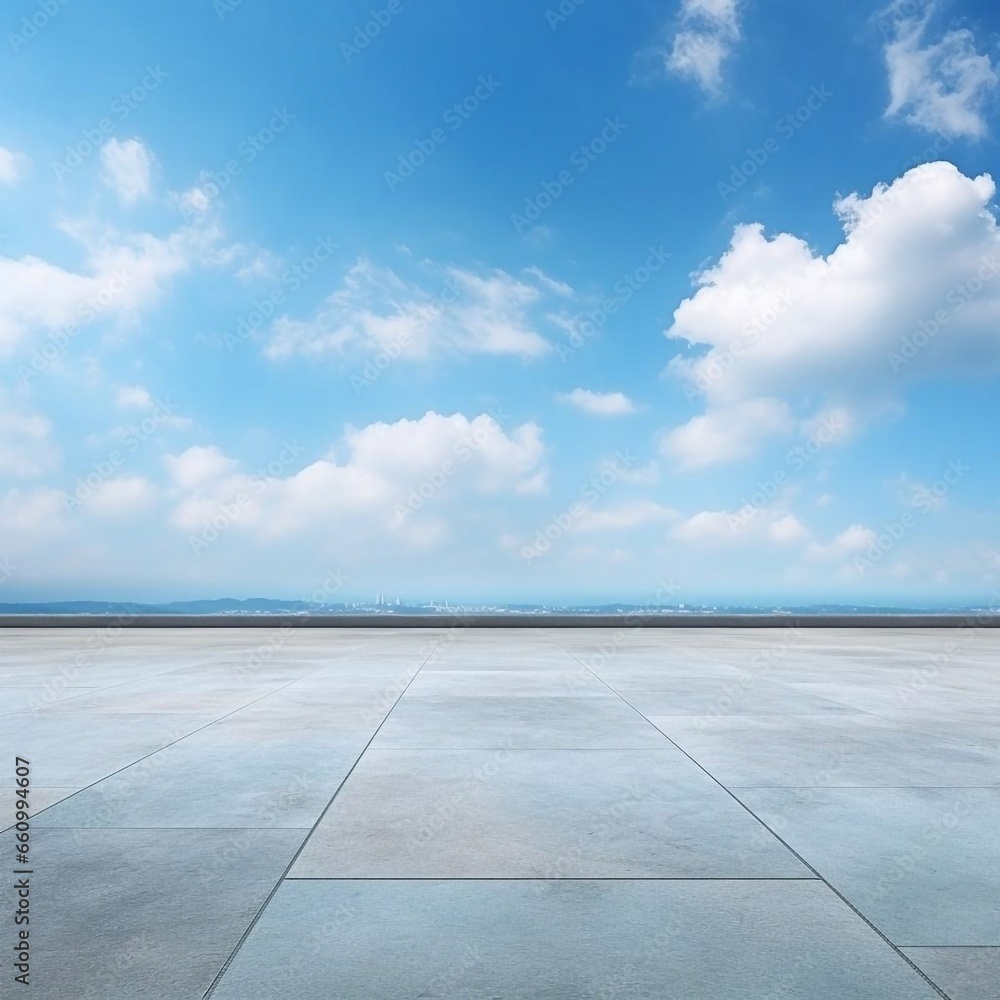 Concrete floor and blue sky background