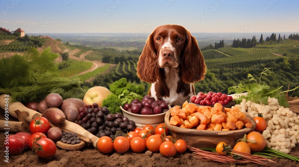 Nutritious food options for dogs with humangrade nutrition for pet health. Fresh vegetables and other wholesome ingredients for animal health. Trend of providing high quality, healthy pet products. - obrazy, fototapety, plakaty 