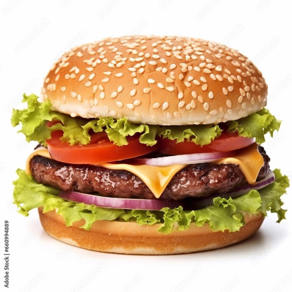 Tasty burger with meat and vegetables isolated on background Tasty burger with meat and vegetables isolated on background