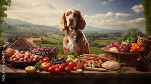 Nutritious food options for dogs with humangrade nutrition for pet health. Fresh vegetables and other wholesome ingredients for animal health. Trend of providing high quality, healthy pet products. photo