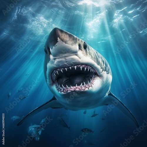 Grand white shark in deep sea