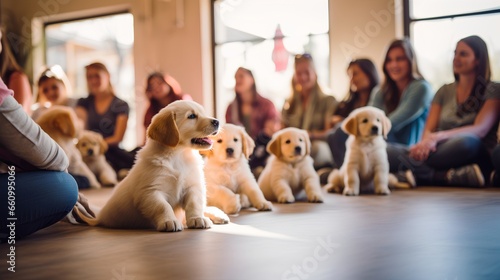 Puppy socialization class with pets and their owners participating. Dogs learning to interact and socialize with other dogs and humans, under the guidance of a professional dog trainer. Fun playing.