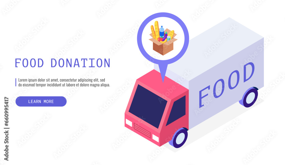 Van with donated food for homeless and needy people. Isometric vector web banner. Van with donated food for homeless and needy people. Isometric vector web banner.