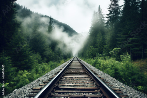 Railroad tracks winding through a green forest