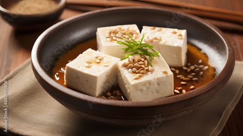Traditional national Indian dish Paneer cheese cubes with cherry on a wooden board.