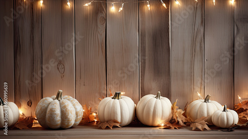 Cozy autumn bottom border with sweater, white pumpkins natural decor