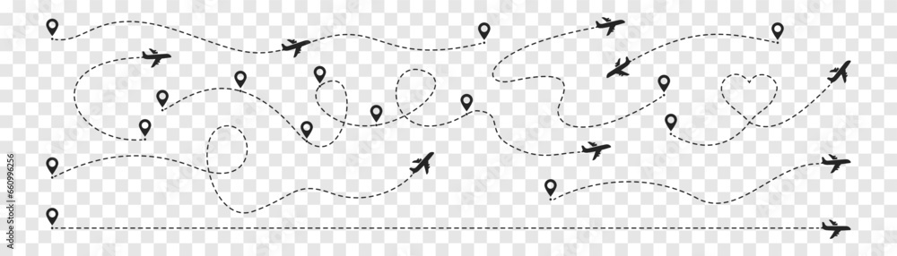 Plane route line. Airplane with dashed trace and map pin at start. Various aircrafts and destination pins icons. Editable stroke path. - obrazy, fototapety, plakaty 