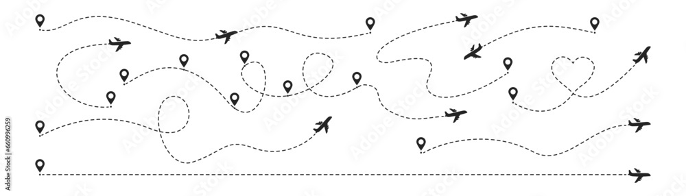 Plane Route Line Airplane With Dashed Trace And Map Pin At Start