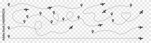 Plane route line. Airplane with dashed trace and map pin at start. Various aircrafts and destination pins icons. Editable stroke path.