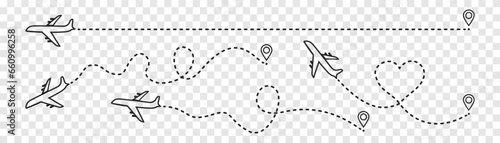 Plane route line. Airplane with dashed trace and map pin at start. Various aircrafts and destination pins icons. Editable stroke path.