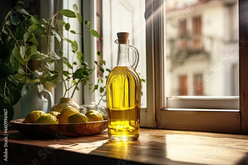 Golden goodness. Fresh olive oil in glass bottle. Mediterranean elixir. Healthy green. Nature bounty. Freshly pressed extra virgin photo
