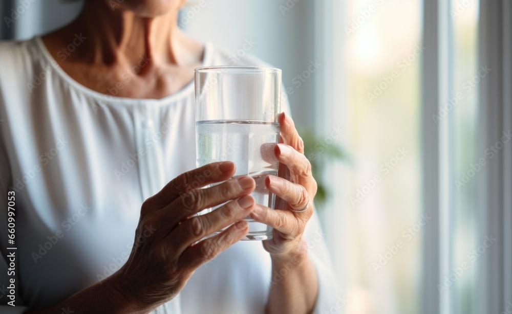 Elderly woman drinking water. Concept of retirement Elderly woman drinking water. Concept of retirement