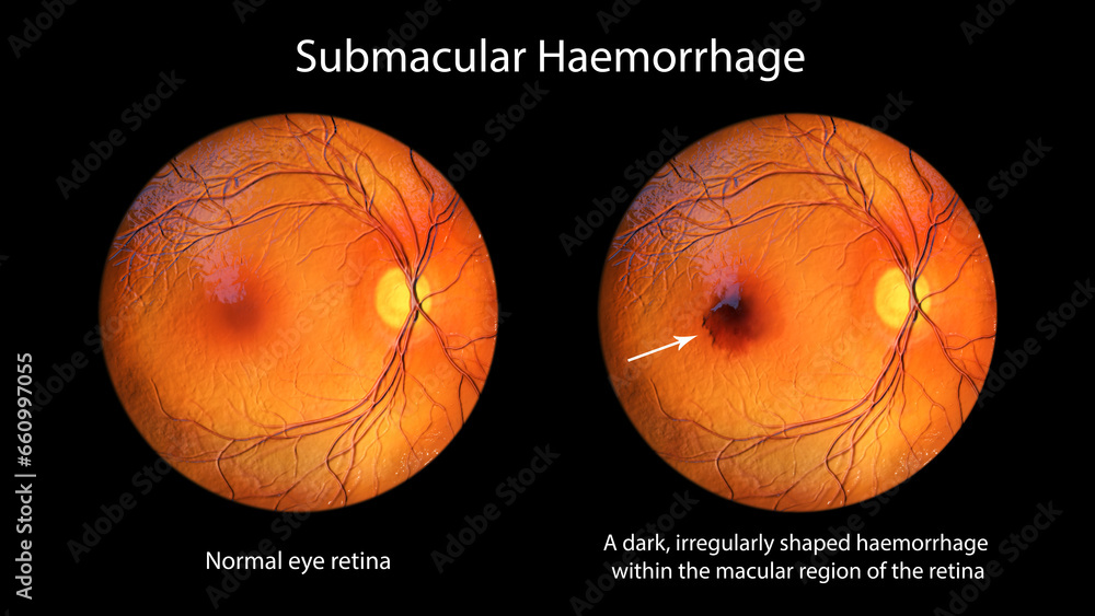 A submacular hemorrhage on the retina as observed during ophthalmoscopy, 3D illustration