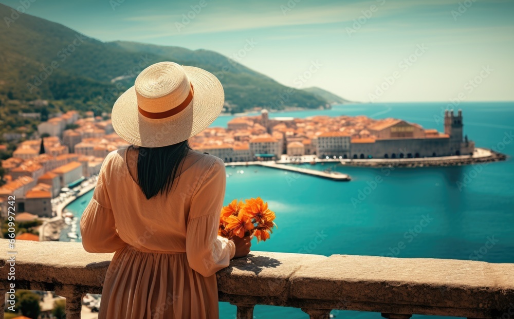 tourist girl in dress enjoying view on the lake