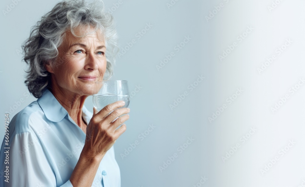 Elderly woman drinking water. Concept of retirement Elderly woman drinking water. Concept of retirement