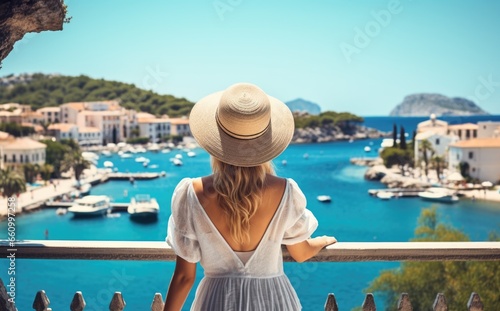 tourist girl in dress enjoying view on the lake