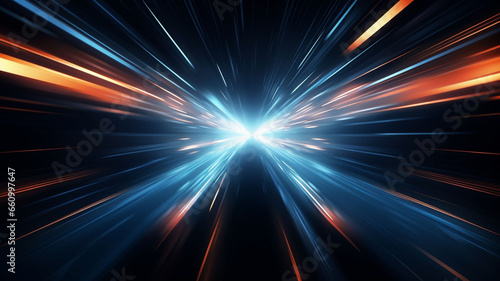 Cyber Luminosity: 3D Rendered Abstract Cyberpunk Lights on a Dark Black Background, Illustrating the High-Velocity Flow of Technology and Data at Light Speed 