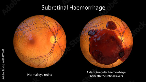 A subretinal hemorrhage as observed during ophthalmoscopy, 3D illustration photo