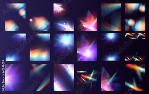 Crystal light glasses effect sparkle prism glare reflection effect. Banner optical rainbow lights, glare, leak, streak overlay. falling confetti. Vector banner colorful vector lenses and light flares.
