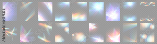 Crystal light glasses effect sparkle prism glare reflection effect. Banner optical rainbow lights, glare, leak, streak overlay. falling confetti. Vector banner colorful vector lenses and light flares.