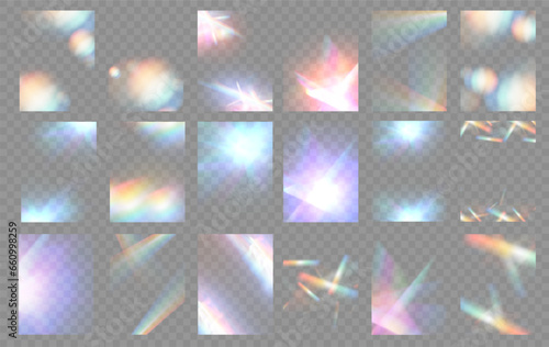 Crystal light glasses effect sparkle prism glare reflection effect. Banner optical rainbow lights, glare, leak, streak overlay. falling confetti. Vector banner colorful vector lenses and light flares.