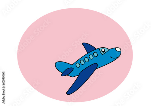 Dibujo infantil avión azul con cara sobre fondo de color