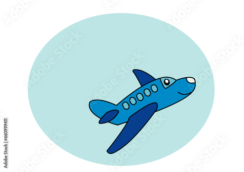 Dibujo infantil avión azul con cara sobre fondo de color