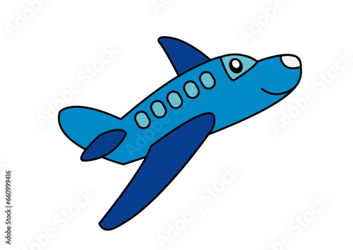 Dibujo infantil avión azul con cara sobre fondo de color