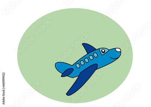 Dibujo infantil avión azul con cara sobre fondo de color