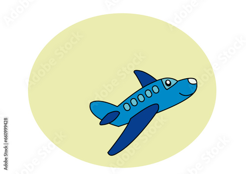 Dibujo infantil avión azul con cara sobre fondo de color